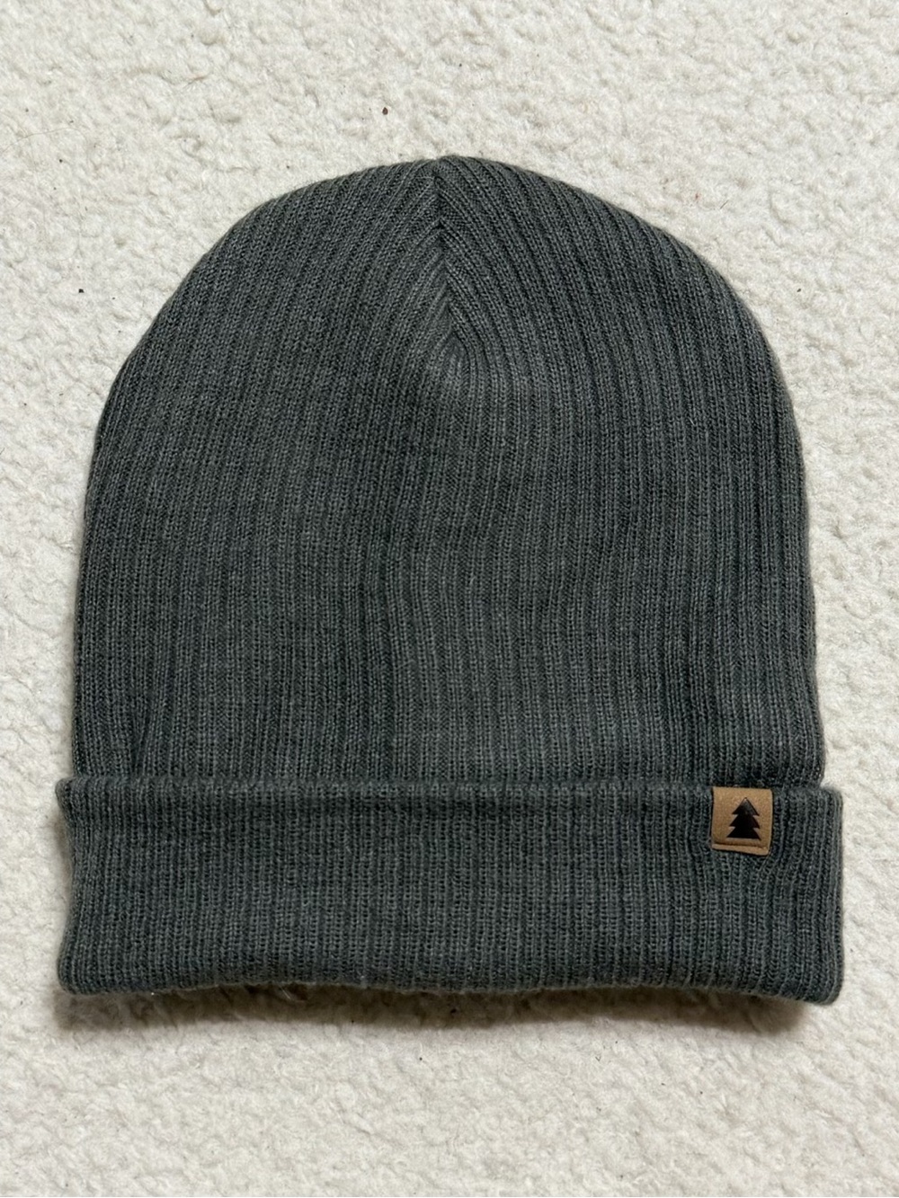 Green Knit Beanie Hat Leather Tree Patch Outdoors Winter Cuffed